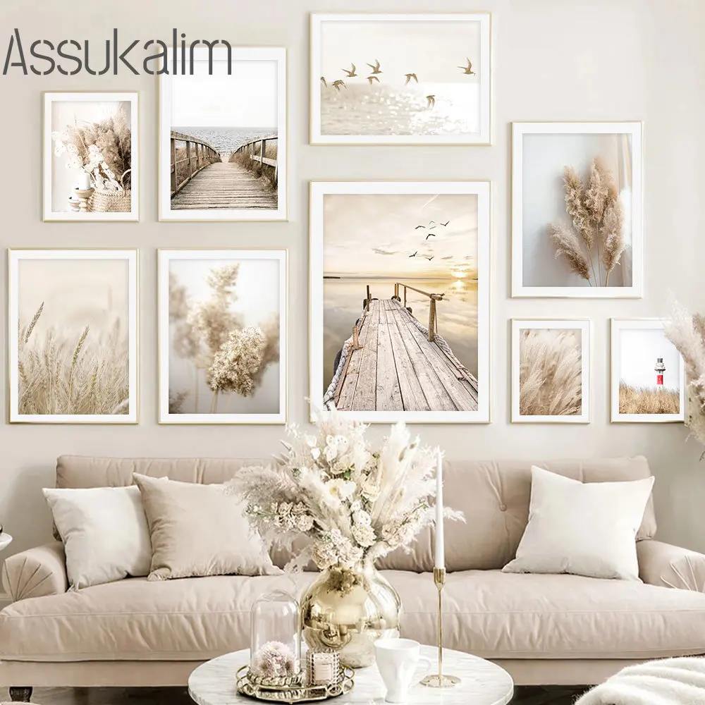 

Beige Landscape Wall Paintings Bridge Seagull Art Prints Reed Canvas Poster Lighthouse Wall Art Nordic Posters Living Room Decor