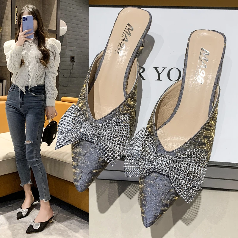 

Glitter Slides Shoes Butterfly-Knot Slippers Casual Pointed Toe Thin Heels Slipers Women Heeled Mules Low Jelly Luxury Cover 202