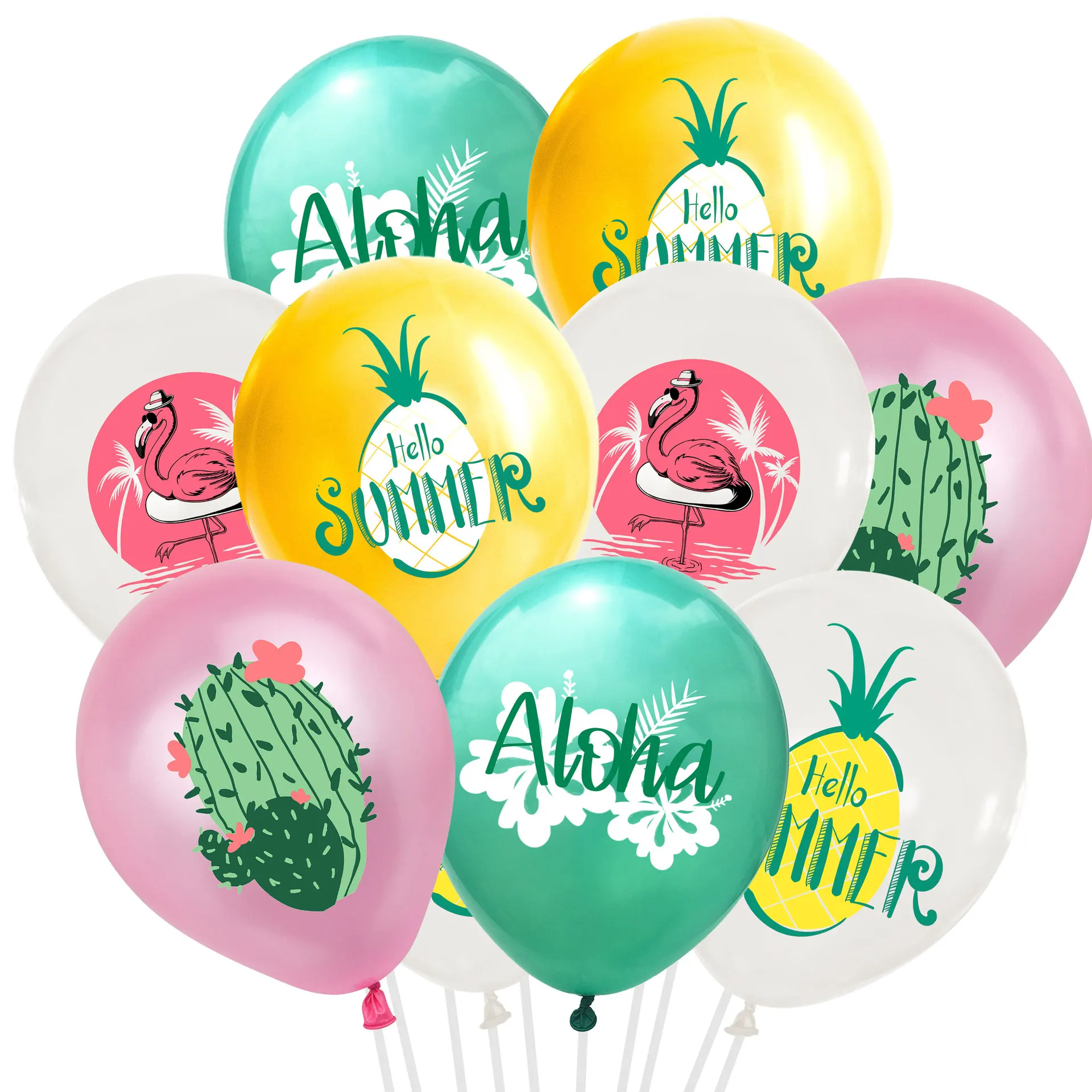 

10pcs 12inch Summer Hawaiian Party Balloons Air Latex Ballons Pineapple Palm Leaves Cactus Flamingo Luau Tropical Globos Figures