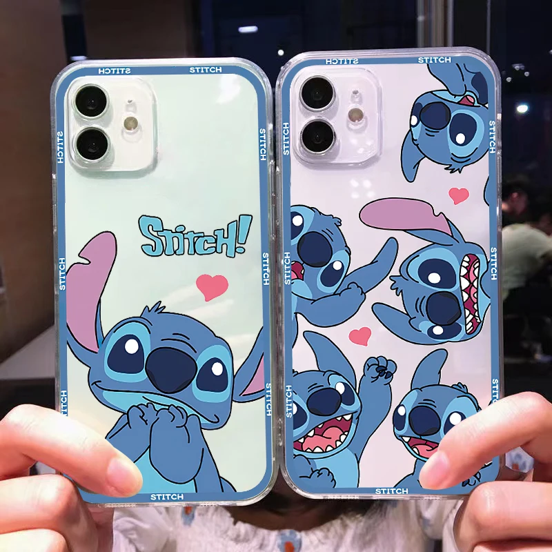 

Disney Cute Stitch For iPhone 11 Pro Max 12 13 Pro Mini X XR XS Max Se2 6 6S 7 8 Plus Clear Phone Case Back Soft Black Cover