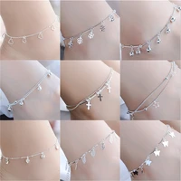 sterling 925 silver alloy anklets for women foot leg chain link bracelet tassel charms beach accessories jewelry