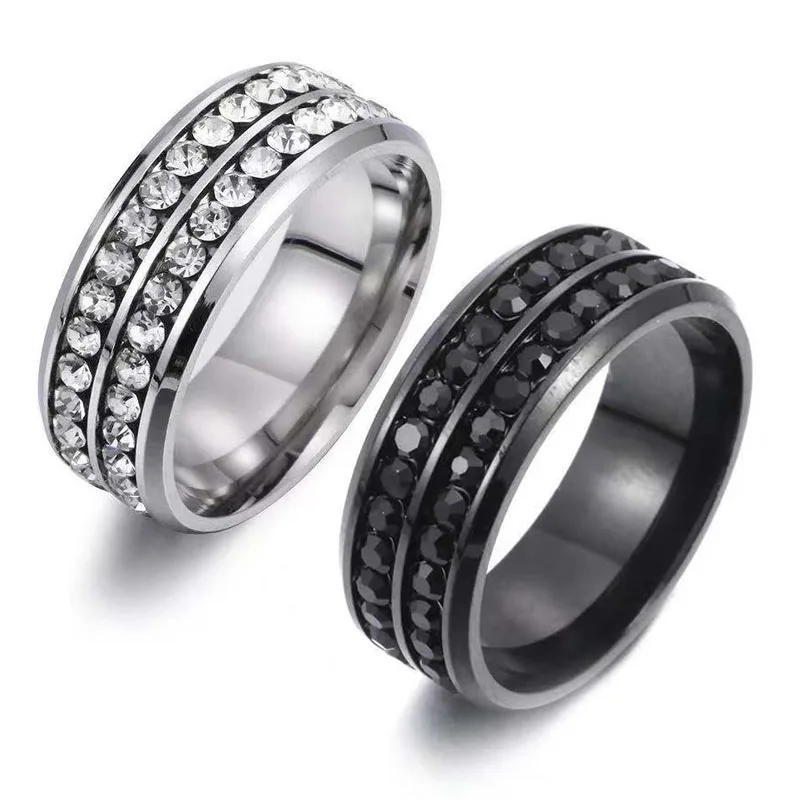 

2022 Classical Stainless Steel Two Rows Round Paved Crystal Weddings Ring Lover Couple Rings Valentine's Bague Bijoux Gift