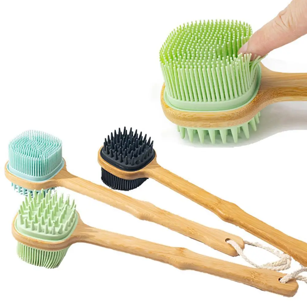 

1pc Silicone Brush Head Back Scrubber Shower Brush With Long Wooden Handle Dry Skin Exfoliating Body Massage Cleaning Tool