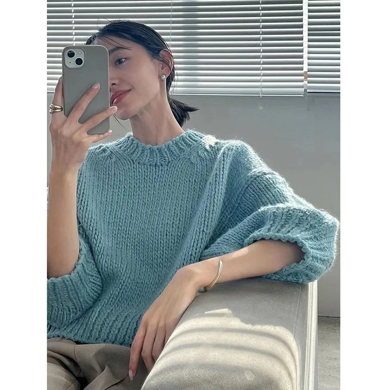 

2022 New Arrival Autumn Women Loose Casual O-neck Long Sleeve Pullover All-matched Korean Style Knitted Vintage Sweater P874