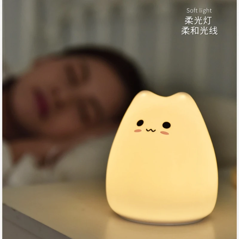 Mini Cartoon Cat Night Light Pat Soft Silicone Lamp Bedroom Home Decor Cute Toy Kids Christmas Gift Atmosphere Warm Light