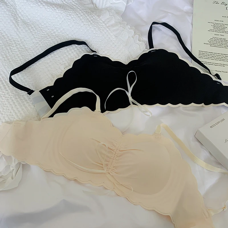 

Tube top girl seamless summer thin section lingerie panty sets no steel ring small chest gathered underwear set large size
