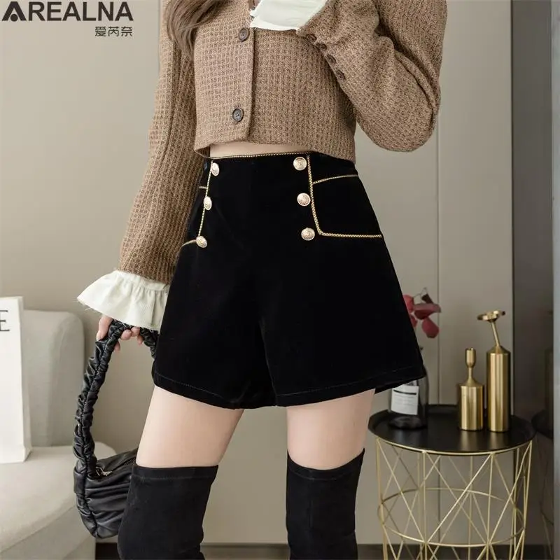 2023 spring High Waist black Women's Office Shorts Wide Legged A-Line Golden velvet Shorts Female Korean loose women shorts 5XL