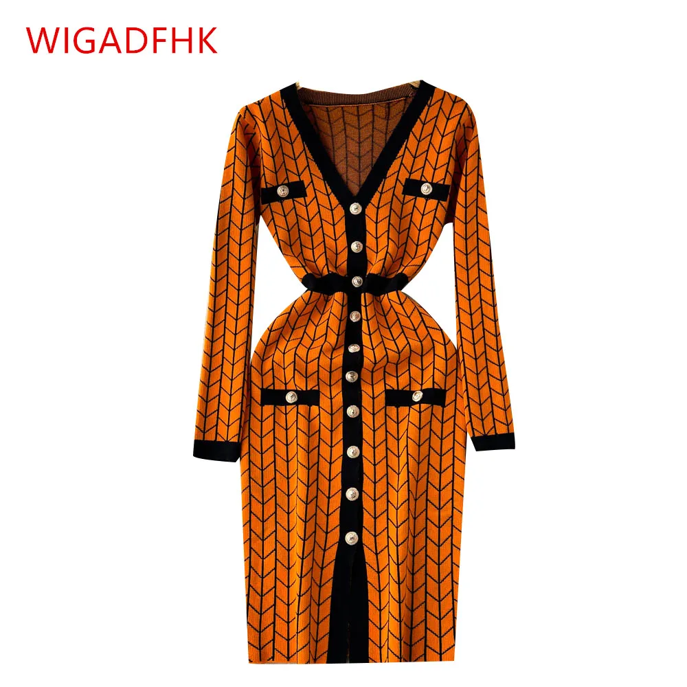 

Женское трикотажное платье на пуговицах, винтажное облегающее платье контрастных цветов с V-образным вырезом и разрезом на осень и зиму, 2022