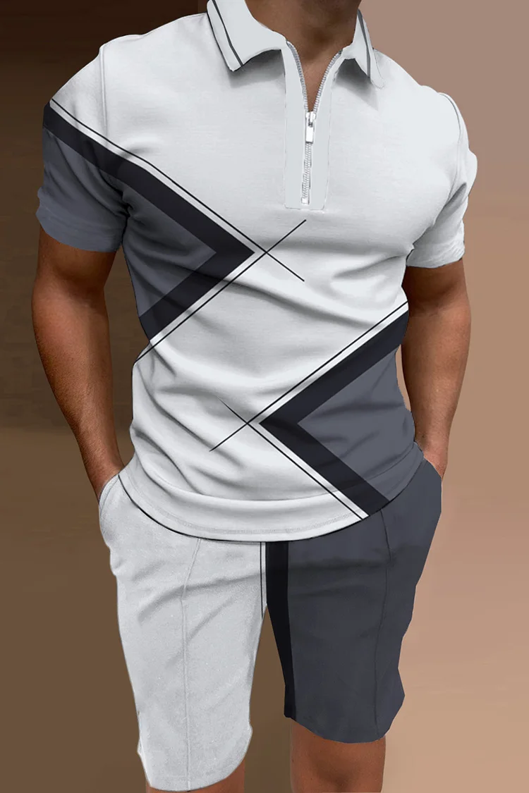 2023 Men Fashion Geometric 3D Printed Summer V-neck Zipper Short Sleeve POLO Shirt + Shorts Two-piece Men Casual Suit Oversized