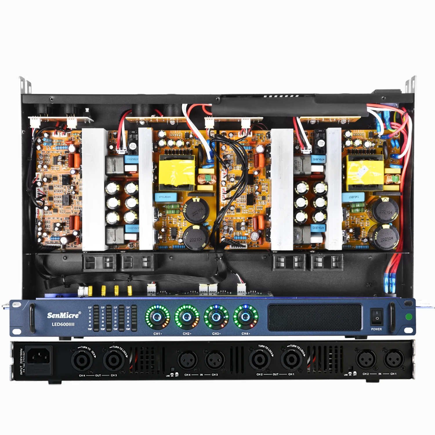 Фото SenMicre LED600 4X600 Вт, 8 Ом, цифровой усилитель мощности, 4-канальный профессиональный усилитель звука, DJ-сабвуфер, AMP 4X1200 Вт, 4 Ом, линейный массив, предусилитель, караоке, сценическое аудиосистема №4