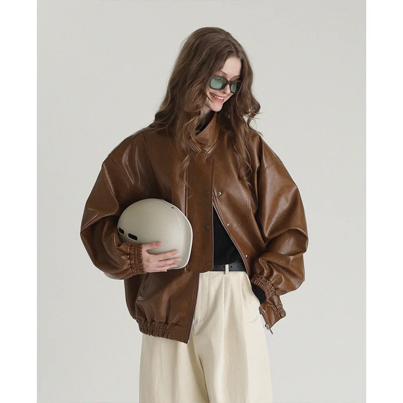 Yuxinfeng Vintage Brown PU Leather Jacket Women Spring Autumn New Bomber Jackets Female Stand Collar Zipper Loose Short Coat