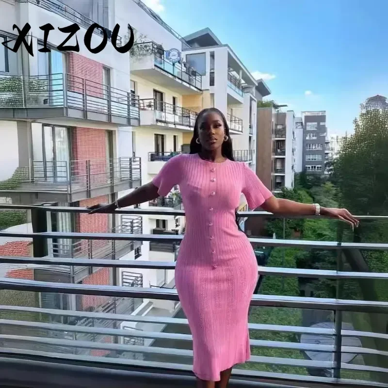 XIZOU Новое летнее оптовое платье для женщин с коротким рукавом элегантное вязаное