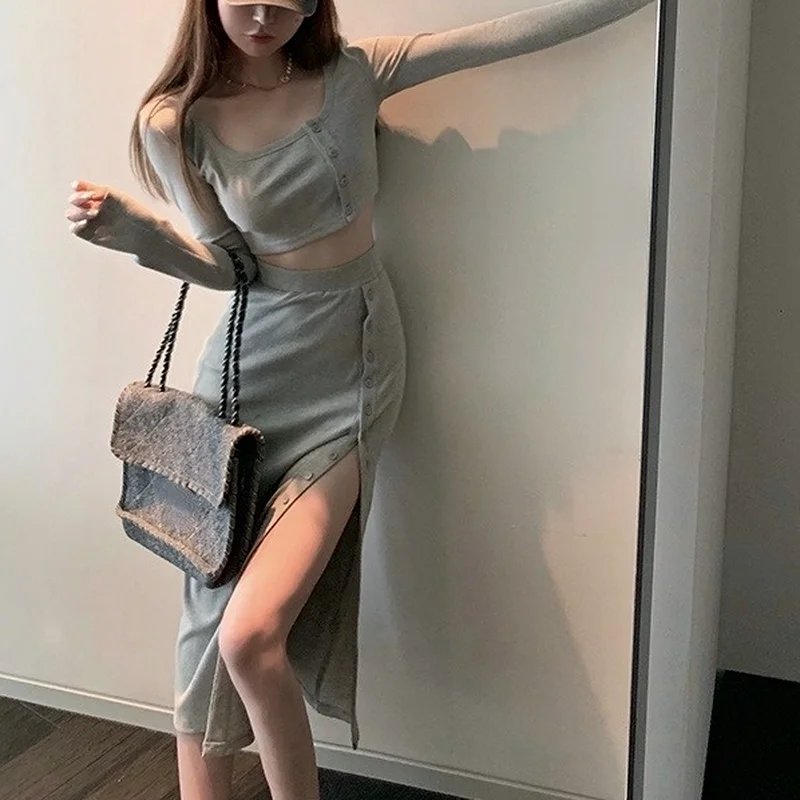 F GIRLS Summer Korea Fashion Knitted Suit Women Office Lady 2 Piece Set Thin Knit Crop Tops + Midi Slim Skirts Y2k Set Tracksuit