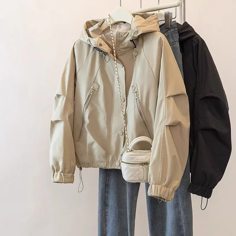 Фото 6XL модная свободная ветрозащитная куртка с большой молнией для отдыха на открытом воздухе, женская весенне-осенняя ветровка с капюшоном, плащ на молнии №1