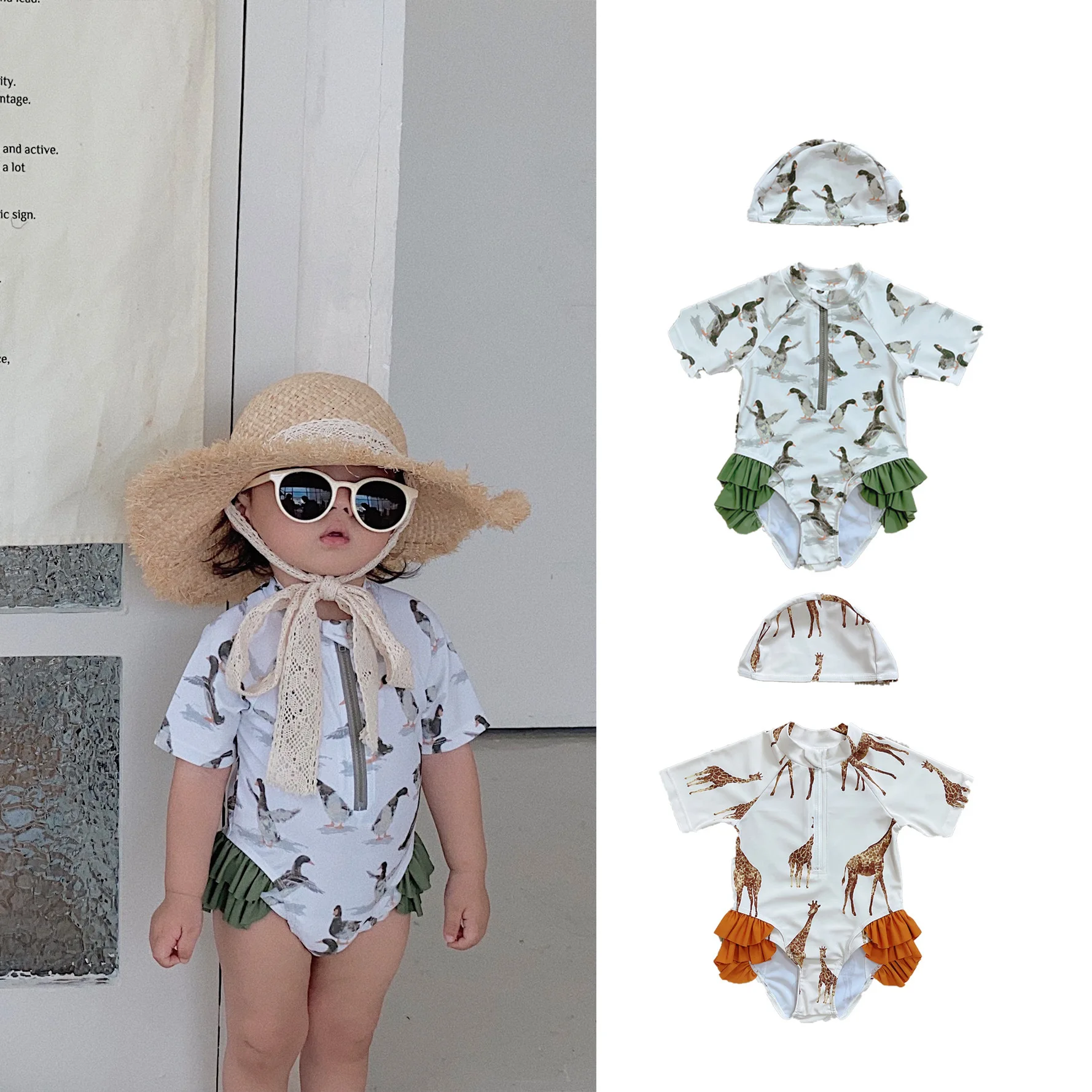 

Children's Swimsuit Baby Girls Bodysuit Long Sleeved Printing One Piece Swimwear 1-5 Year Old Kids Summer Beach Suit