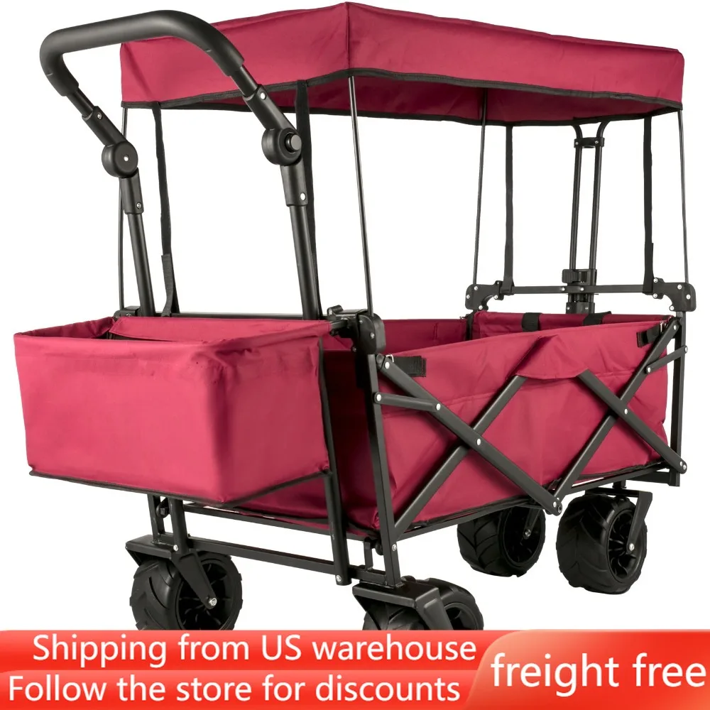 Foldable Wagon Cart Removable Canopy 601D Oxford Cloth Oversized Wheels Portable Folding Wagon Adjustable Handles freight free