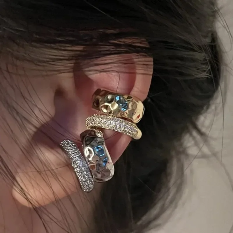 Punk Zircon Double-layer Ear Cuff No Piercing Earrings Trendy Unique Metal Geometric Ear Clip for Women Jewelry Accessories Gift