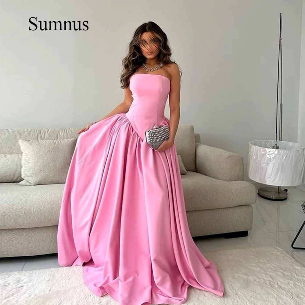 

Sumnus Pink Strapless A Line Saudi Arabic Evening Dresses Draped Satin Long Dubai Formal Occasion Dress Arabia Women Outfits