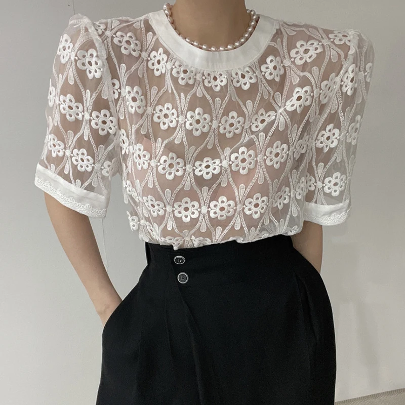 Женская винтажная блузка с круглым вырезом прозрачная рубашка