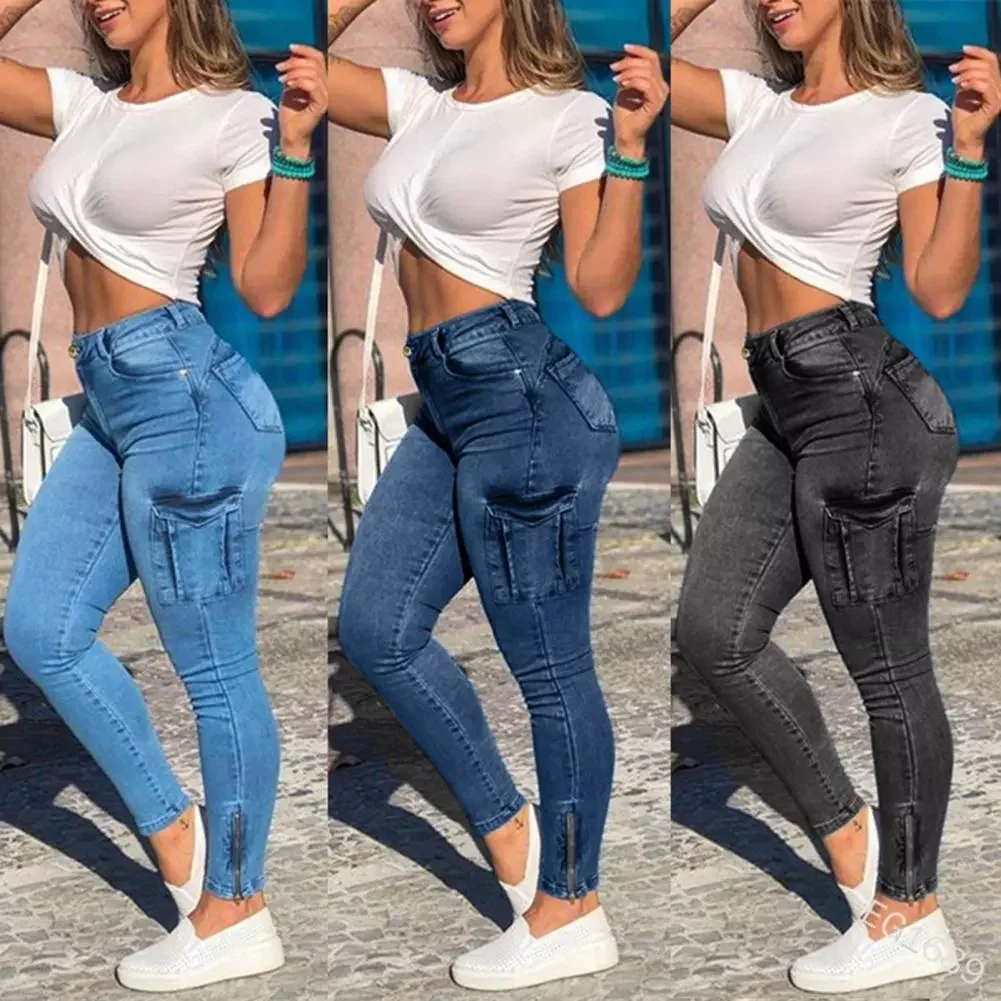 

Women's Jeans/Pants High Waist Distressed High Elastic Women Jeans Button Zipper Cuff High Waist Cargo Jeans Streetwear