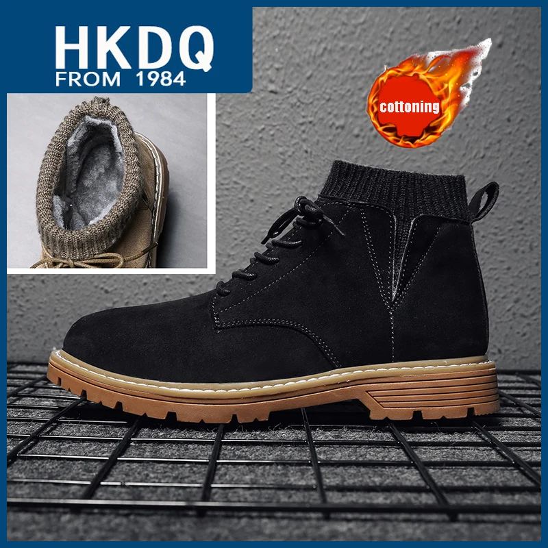 

Классические черные плюшевые мужские зимние ботинки HKDQ, модные уличные теплые меховые ботинки, женские удобные замшевые ботинки с высоким берцем