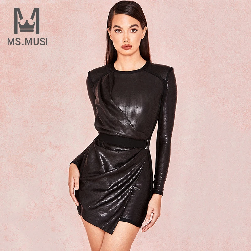 

Новинка 2022, модное женское черное сексуальное платье MSMUSI с круглым вырезом, блестками, кружевом, сеткой, драпировкой, длинным рукавом, облегающее мини-платье с поясом для вечерние НКИ и клуба