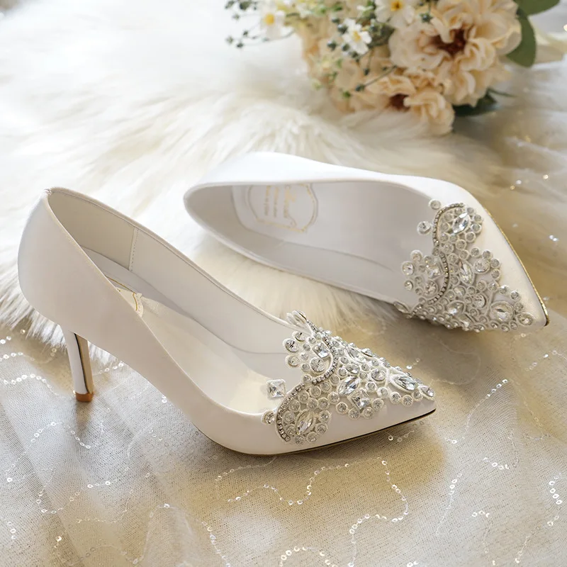 

White High Heel Pointed Stiletto Rhinestone Satin Lace Women's Shoes Dress Banquet Shoes Bridesmaid Wedding Shoes
