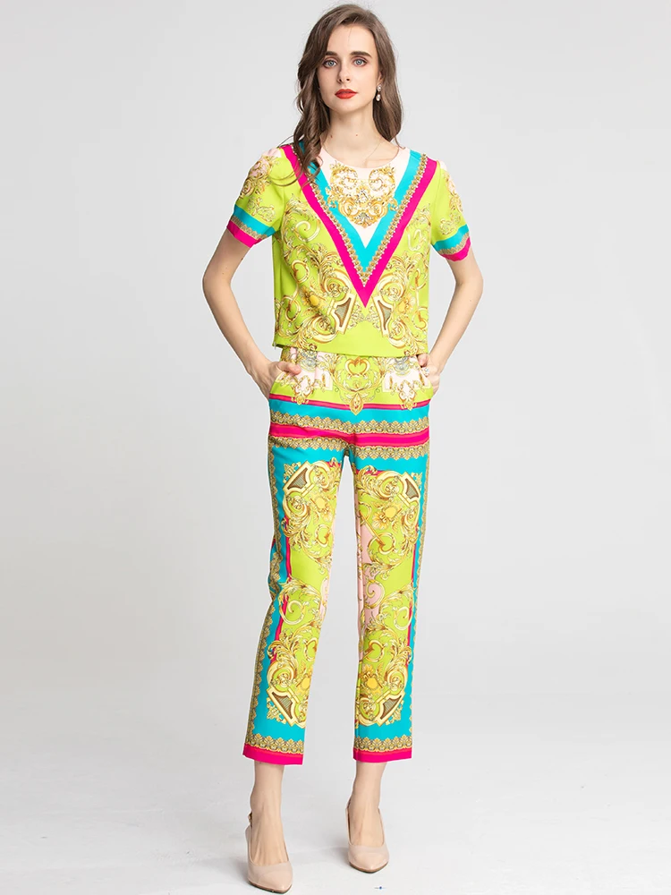 

MoaaYina Fashion Designer Summer Pants Suits Women's Short sleeve Beading Print Tops and Slim Long Pants 2 Two Piece Set