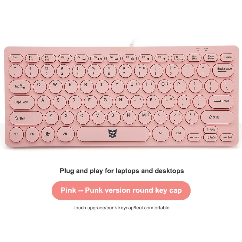 

Ultra Thin Punk Wired Keyboard 78Keys USB Pink Round Mute Button Numeric Keypad Ergonomic Slim For Laptop Desktop Office Mac