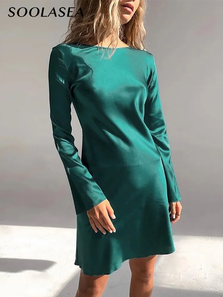 

Soolasea O-Neck Flare Sleeve Elegant Dress High Waist Slim Satin Mini Dress 2022 New Office Ladies A-Line Party Dress For Women