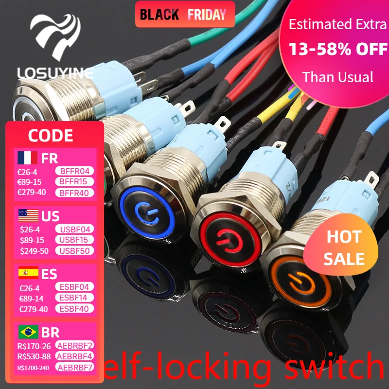 

LOSUYINE Самоблокирующийся светодиодный переключатель 16 мм 5В 12В 220В