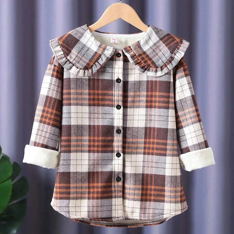 6-15 Years Children Plaid Thick Velvet Warm Shirt Teens Casual Blouses for Girls Plaid Turn Down Collar Long Sleeve Blouse 10 12