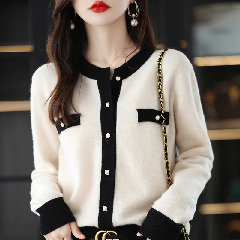 

Women's Cardigan 100% Pure Wool Knitting Round Neck Color Matching Sweater Fashionable Autumn And Winter New Luxury Sweater Top