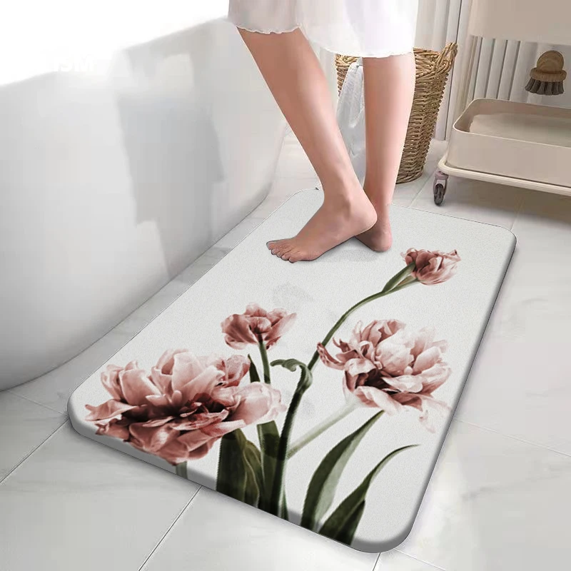 

Diatom Mud Bathroom Rug Floor Mat Door Anti-Slip Carpet Rose Flowers Nordic Pink Super Absorbent Easy To Clean Modern Home Decor