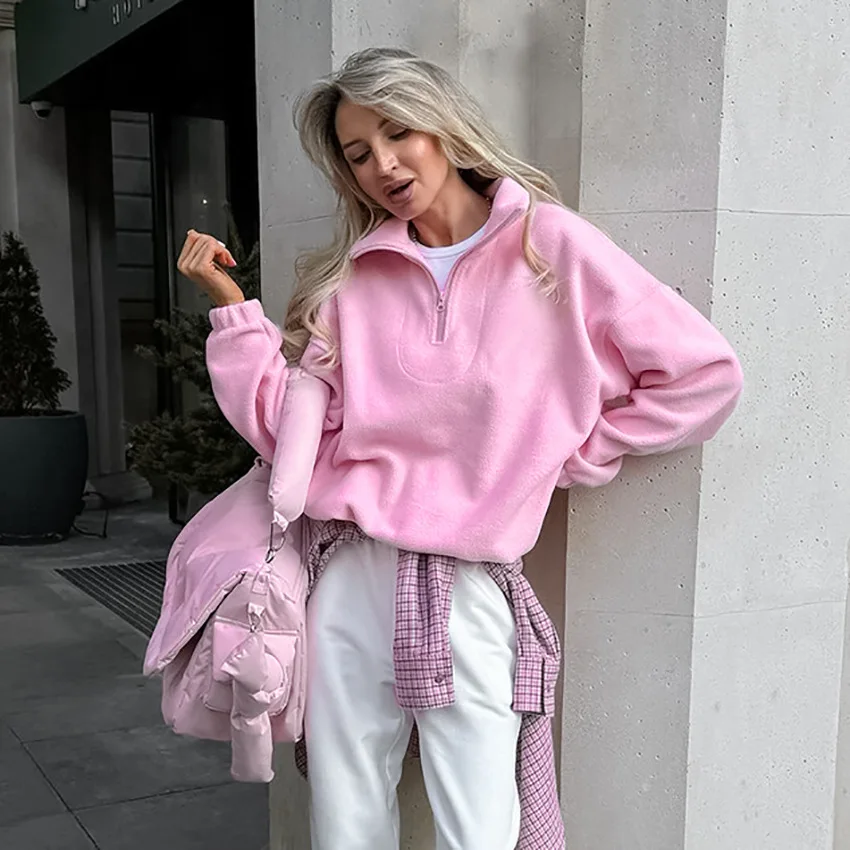 Вельветовая розовая свободная толстовка Shake grain новый стиль 2024 пуловер для