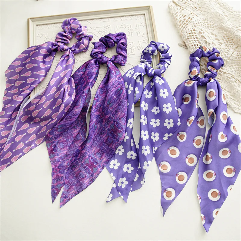 

Purple Series Women Scrunchies Periwinkle Blue Long Ribbon Hair Bands Bohemian Flower Printed Hair Rope Satin Hair Accessories