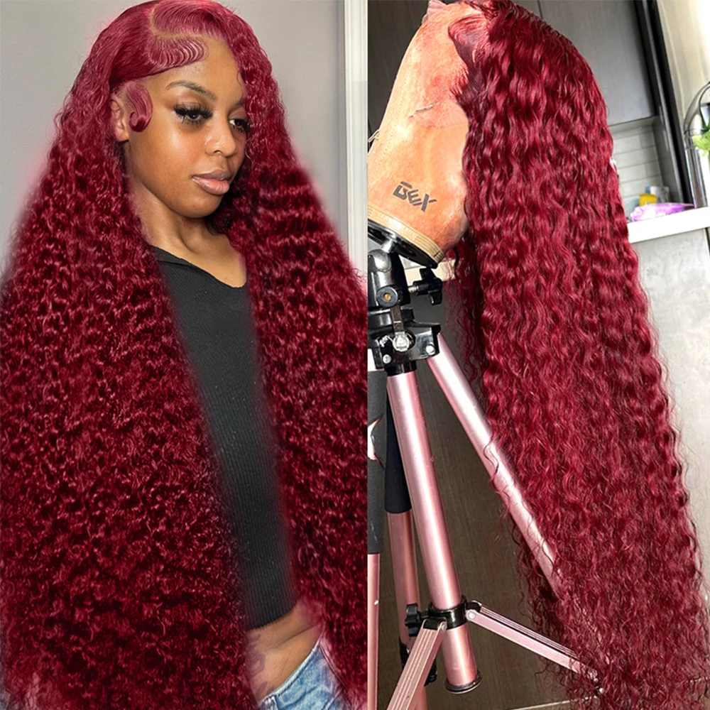 

99J Burgundy Deep Wave 13x4 Lace Front Human Hair Wigs Brazilian Remy Red Colored Curly 13x6 HD Lace Frontal Wig For Women