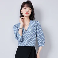 half sleeve office lady blouses for women clothes 2022 summer printed chiffon v neck korean fashion casual shirts thin tops