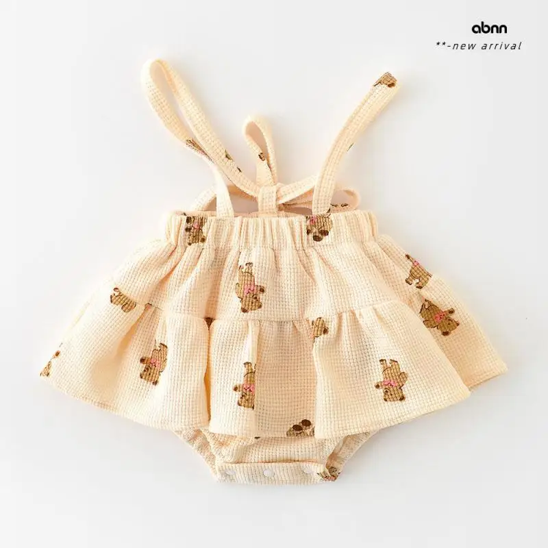 

Casual Baby Girl Clothes Spring Cotton Infant Girls Waffle Cartoon Bear Strap Bodysuit Dress 2022 Newborn Baby Girl Clothes
