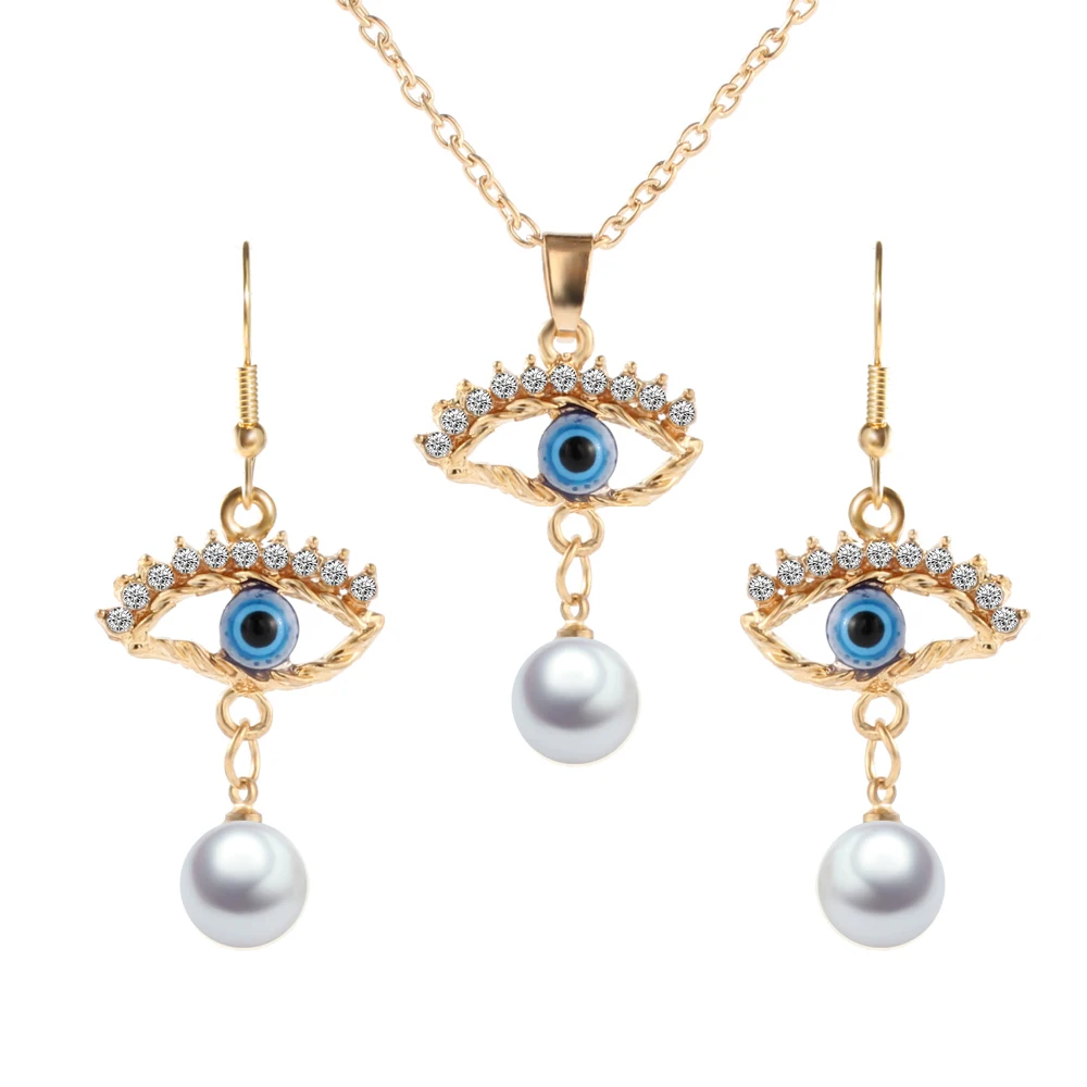 

Vintage Boho Devil White Pearl Pendant Evil Eye Necklace Earrings Jewelry Set For Women Fashion Party Jewelry Accessories Gifts