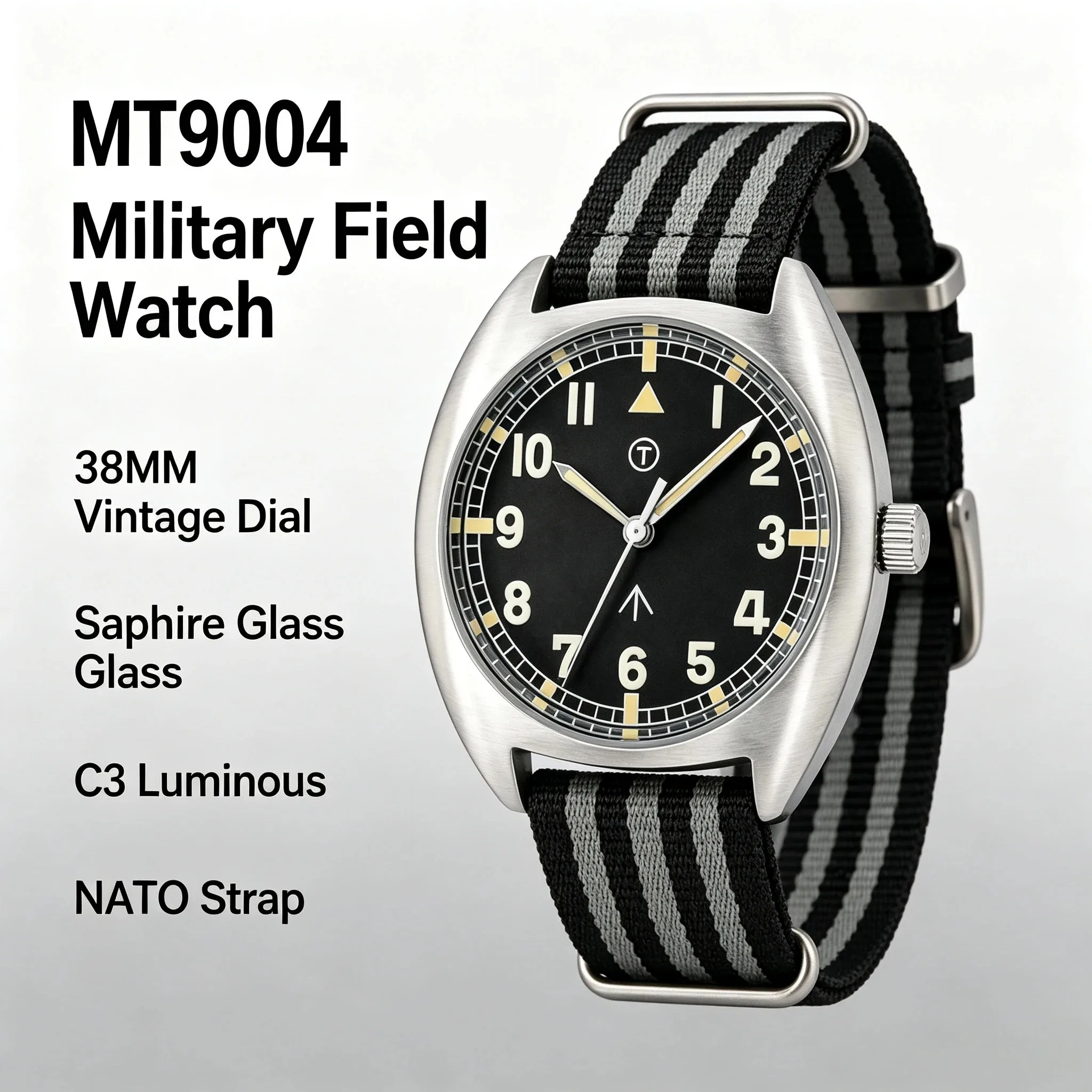 Фото MILITREK MT9004 Винтажные военные кварцевые часы W01 38 мм из нержавеющей стали 316L, водонепроницаемость 100 м, сапфировое стекло, люминесцентные часы C3 для мужчин №1