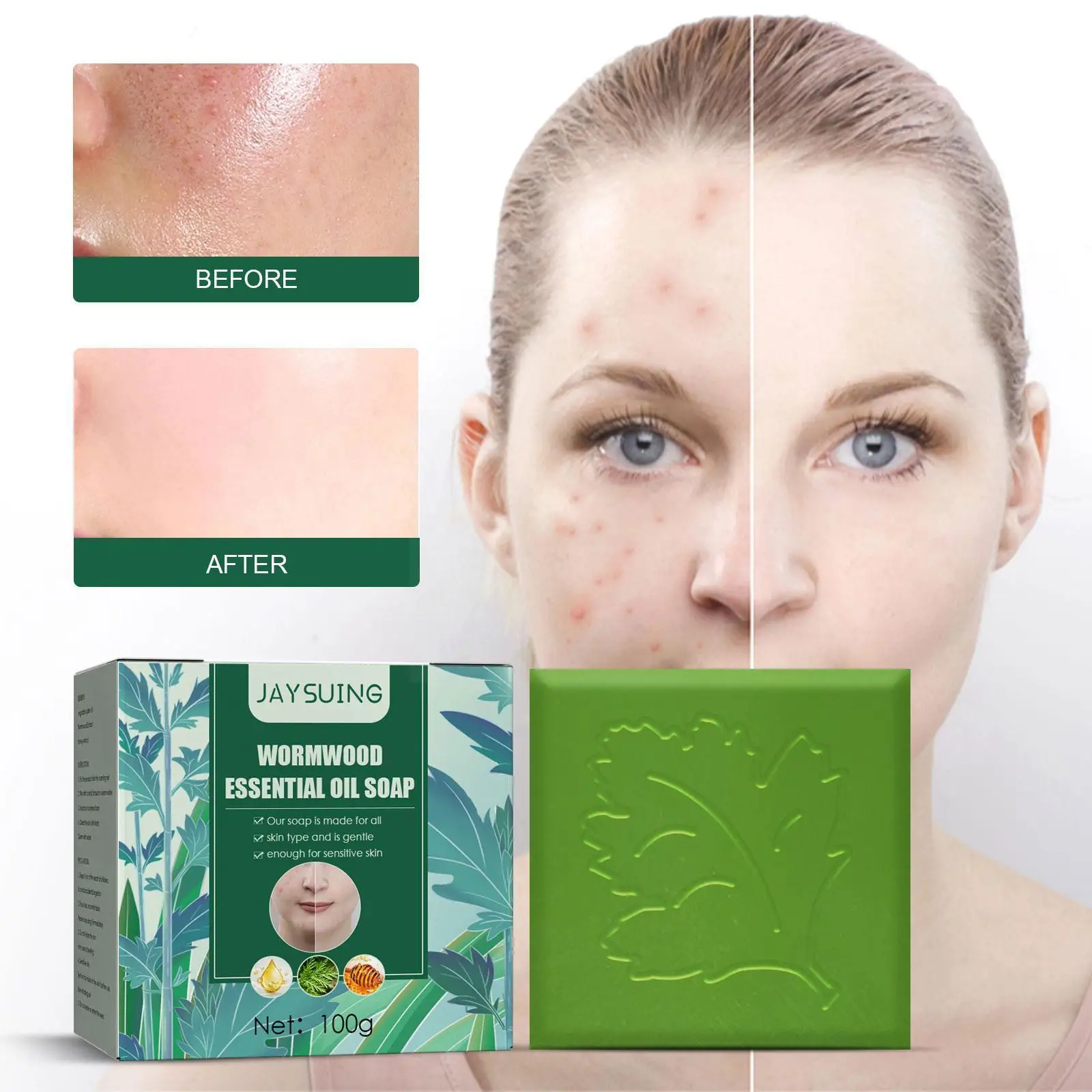 

100g Mite Removal Wormwood Essential Oil Soap Mite Face Oil Wash Soap Moisturizing Cleansing Soap Bath Removal Essential W3C4