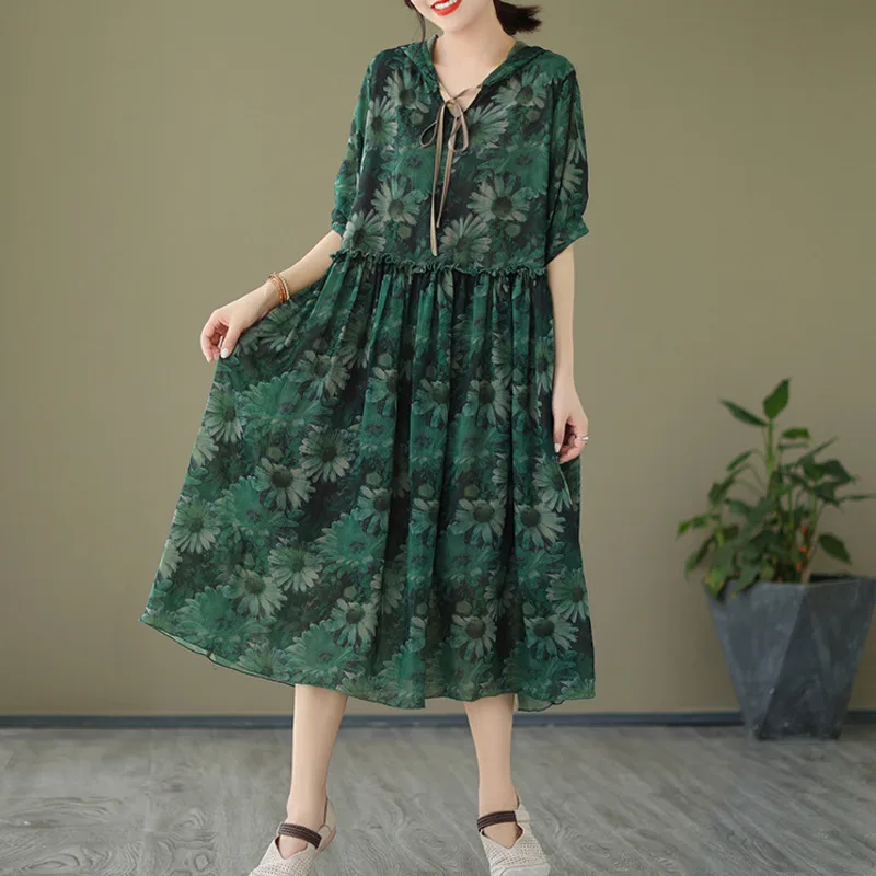 

#3967 Vintage Flower Printed Chiffon Dress Short Sleeve Loose Hooded Dress Female High Waist Pleated Midi Dress Thin Sexy Summer