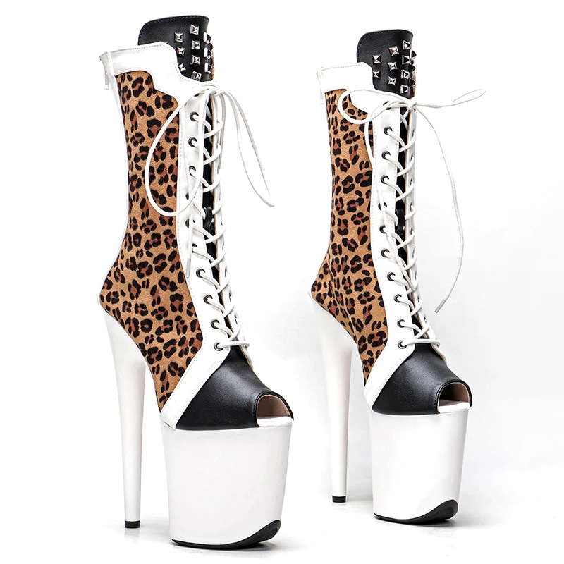 Leecabe 20CM/8Inch  Leopard wite mette  PU  upper  top open fashion  High Heels Pole Dance boot