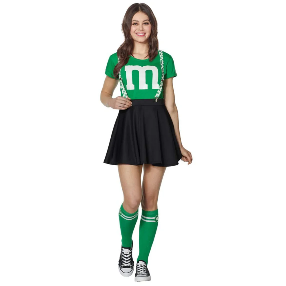 Фото Женский костюм M&M's для взрослых, комплект для Хэллоуина, женская футболка, черная юбка, комплект с чулками для веселой вечеринки №1