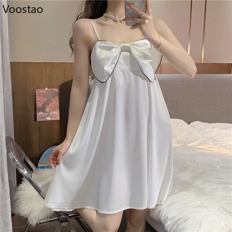 

Kawaii Bowknot Suspender Pajamas Dress Girly Summer Sexy Thin Short Nightdress Female Sweet Cute Mini Dresses Women Sleepwear