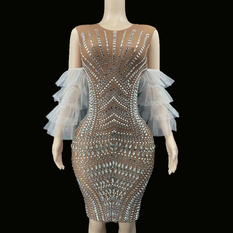 

Women Sexy Stage Sparkly Silver Rhinestones Lace Sleeves Short Brown Dress Prom Evening Transparent See Through Birthday Dress