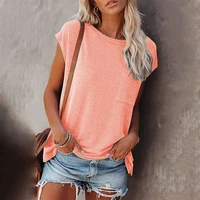 women summer casual o neck loose t shirts 2021 solid tops tee shirts pocket t shirt short sleeve female stylish classic soft top