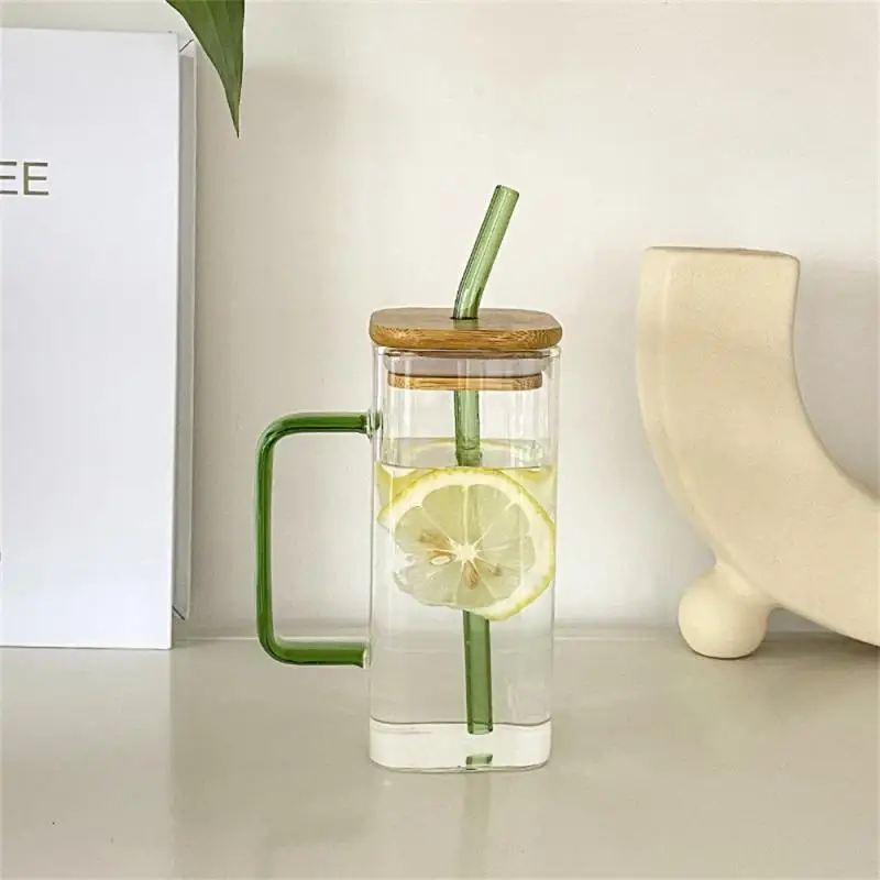 

Dust-proof Cup Cover Party Beer Mug Drinkware Glass Anti-skid Wear-resistant Square Shape Glass Handle Cup Heat Insulation