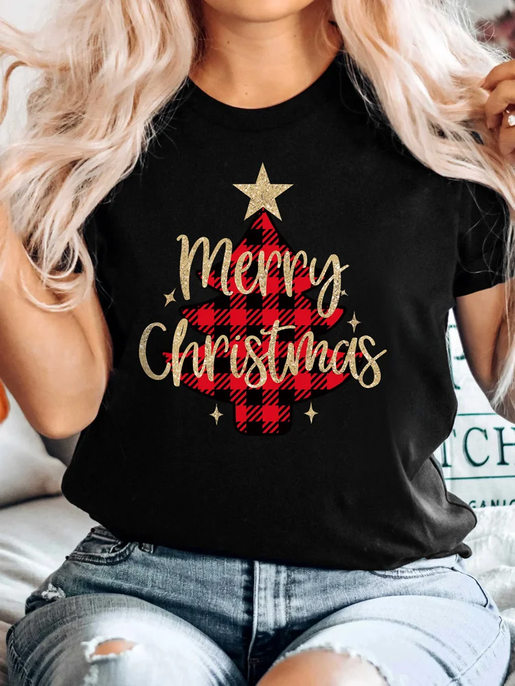 

Merry Christmas T Shirt Letter Tee Buffalo Plaid Xmas Tree Star Graphic T Shirts Black Short Sleeve Summer T-Shirt 2022 Novelty